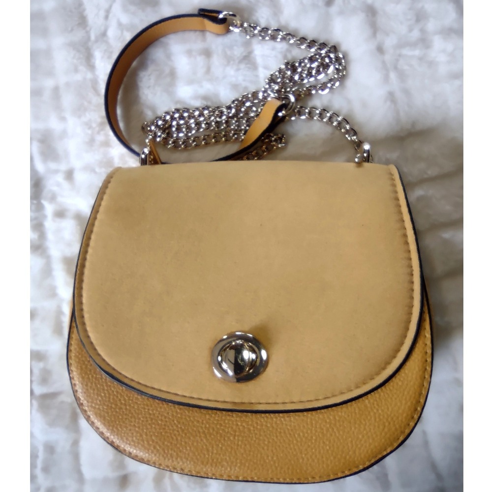 HM Mustard Yellow Faux Suede/Pebbled Leather Crossbody Bag Silver Turnlock‎